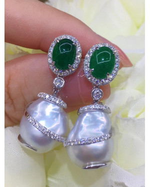 Baroque Australian White South Sea Pearls and Emerald Diamond Earrings 