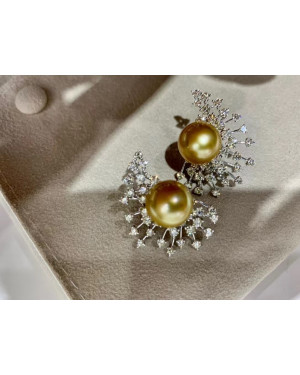 AAAA+ Golden South Sea Pearls and Diamonds Firework Earrings 